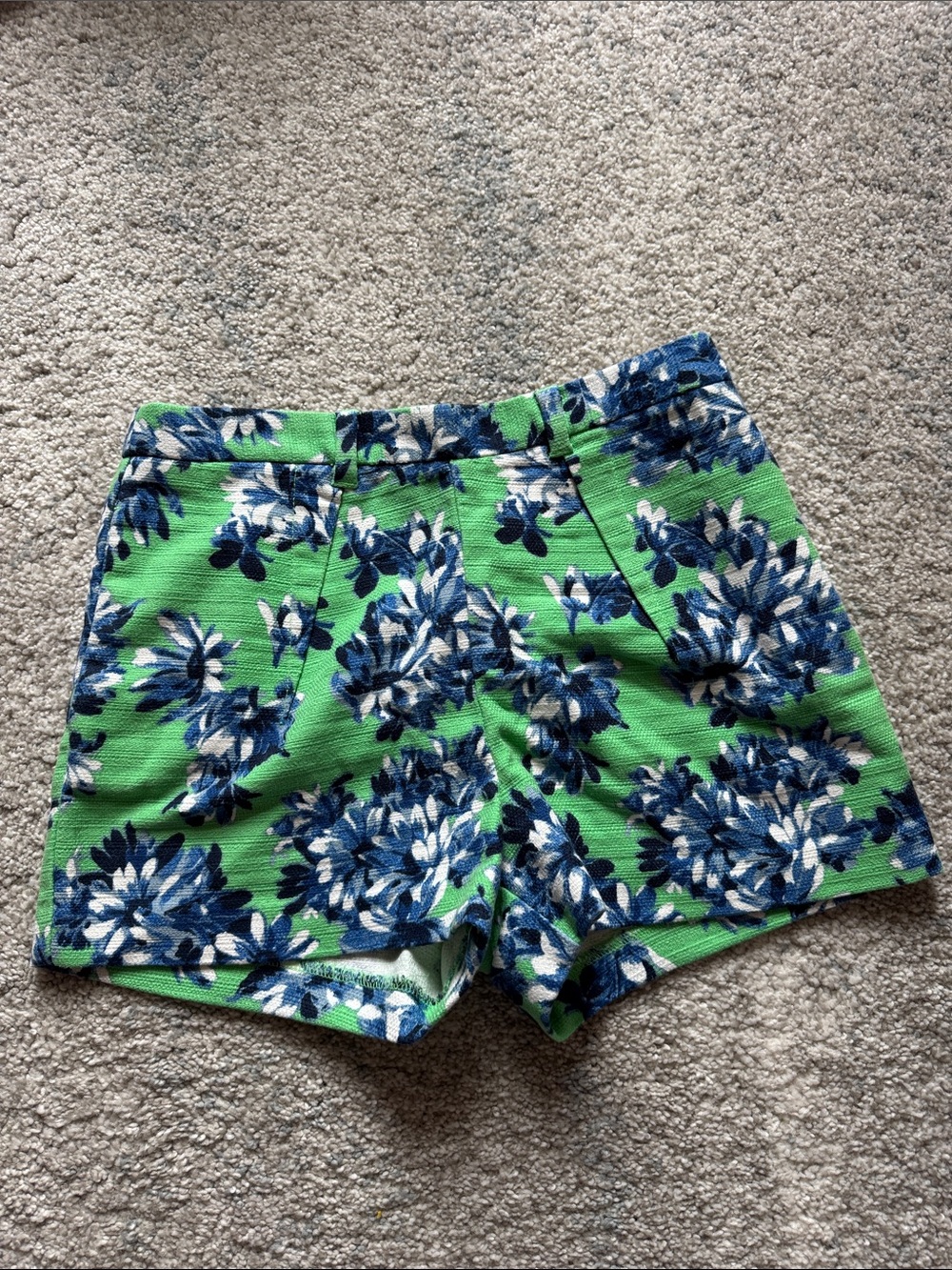 J. Crew High-Waist Green Shorts with Blue Floral Print